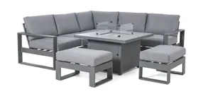 Square Aluminium Corner Dining Set - With Fire Pit Table & Footstools - Grey