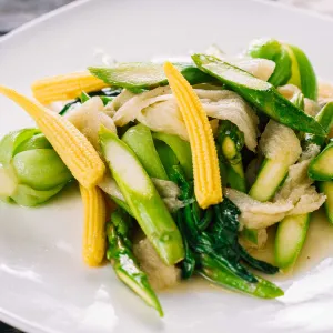 Sauteed Bamboo Sprouts with Asparagus and Bok Choy 竹笙雙素