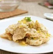 FISH CUBE W. CORN SAUCE ON RICE